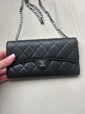 AUTHENTIC CHANEL GUSSET FLAP  BLACK QUILTED LEATHER WALLET ON CHAIN